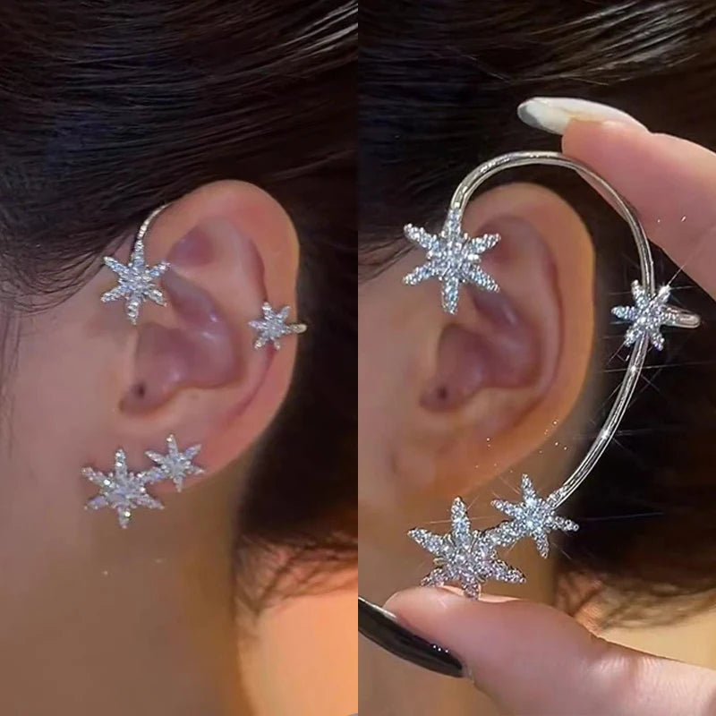 Luxury Star Butterfly Crystal Tassel Ear Clip Earrings - Sparkling Zircon Ear Cuffs, Elegant Fashion Jewelry Accessories for Women