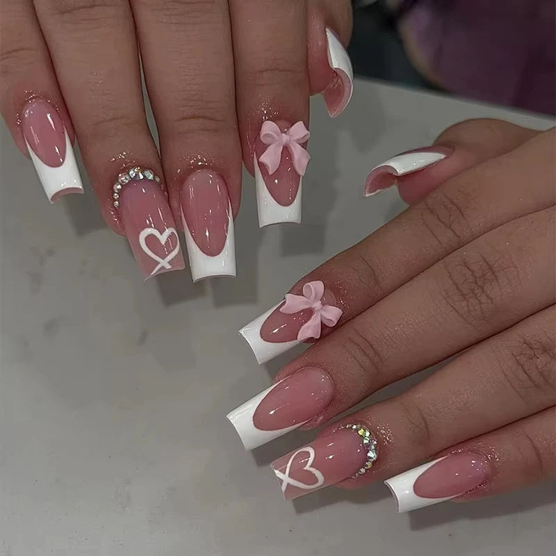 24-Piece Sweet Cat Eye French Press-On Nails with 3D Bow Knot Design