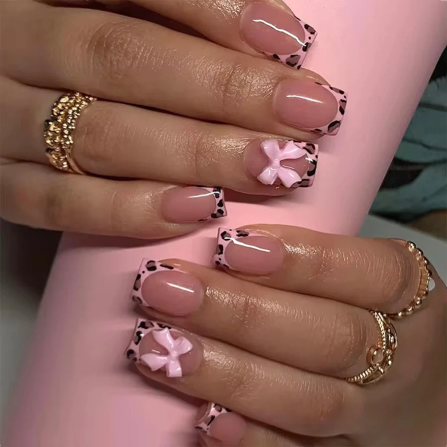 24-Piece Sweet Cat Eye French Press-On Nails with 3D Bow Knot Design