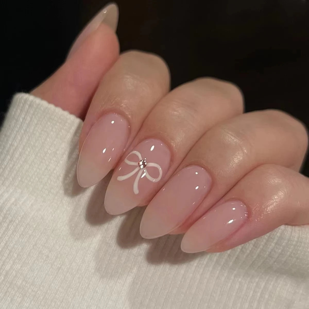 24-Piece Sweet Cat Eye French Press-On Nails with 3D Bow Knot Design