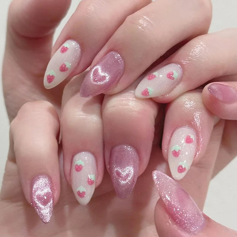 24-Piece Sweet Cat Eye French Press-On Nails with 3D Bow Knot Design