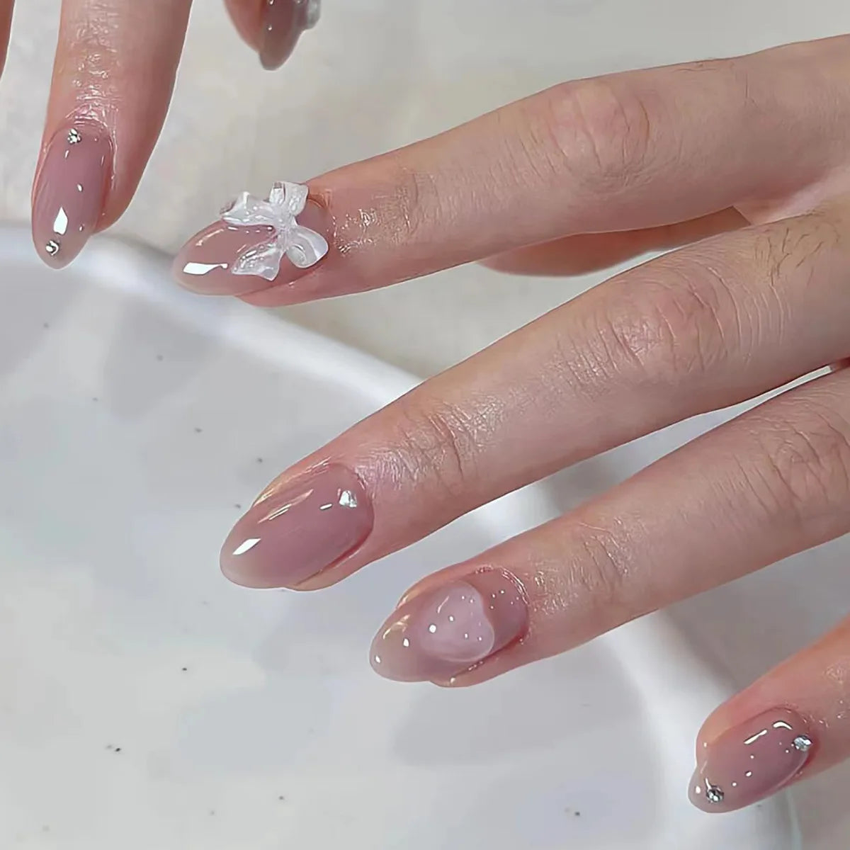 24-Piece Sweet Cat Eye French Press-On Nails with 3D Bow Knot Design
