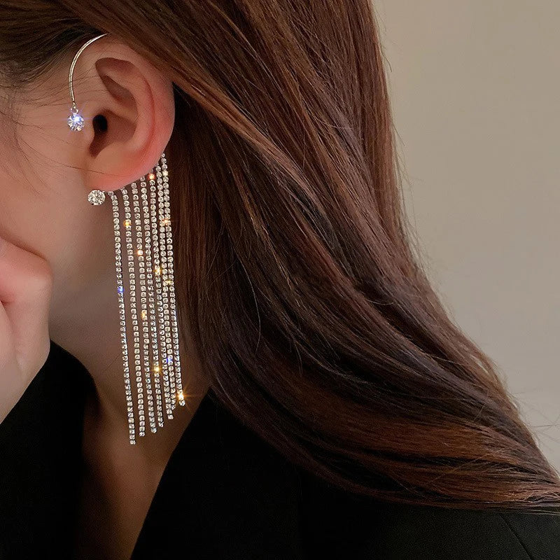 Luxury Star Butterfly Crystal Tassel Ear Clip Earrings - Sparkling Zircon Ear Cuffs, Elegant Fashion Jewelry Accessories for Women