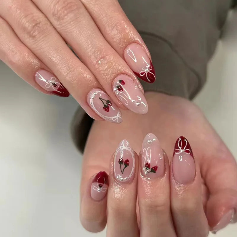 24-Piece Sweet Cat Eye French Press-On Nails with 3D Bow Knot Design