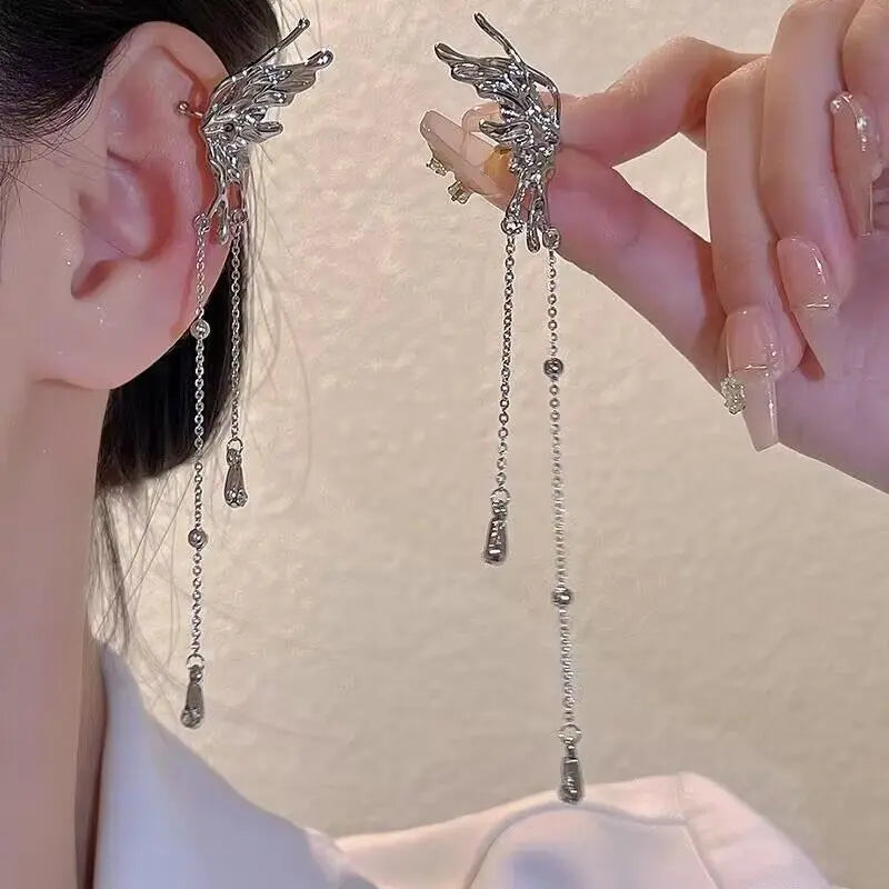 Luxury Star Butterfly Crystal Tassel Ear Clip Earrings - Sparkling Zircon Ear Cuffs, Elegant Fashion Jewelry Accessories for Women