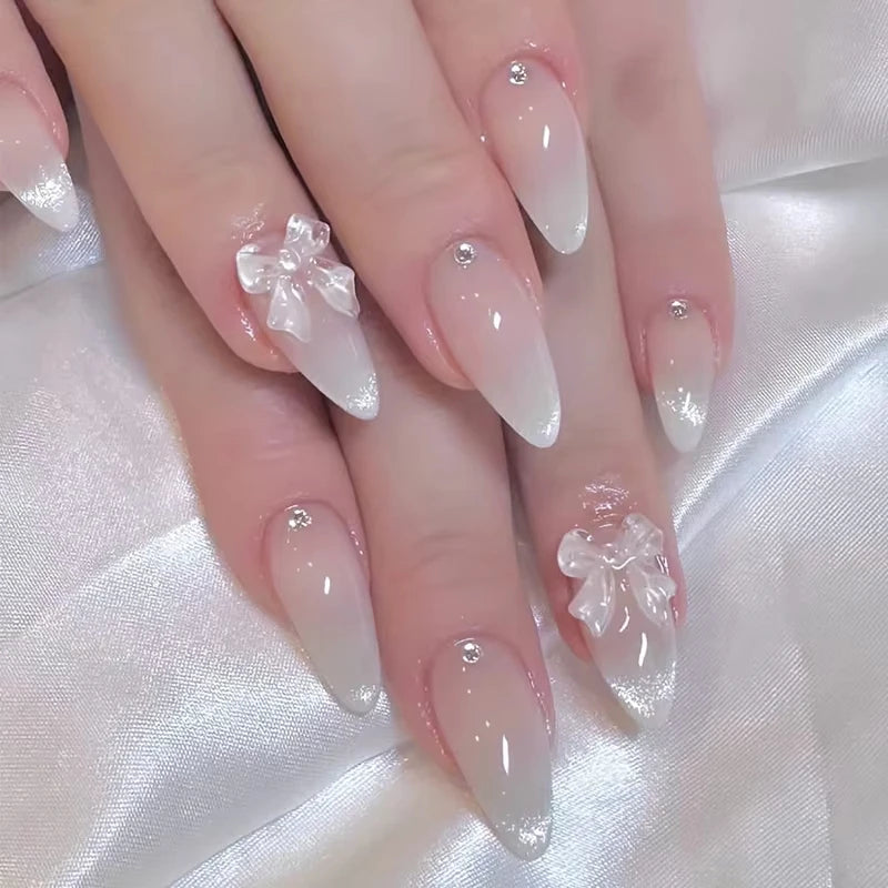 24-Piece Sweet Cat Eye French Press-On Nails with 3D Bow Knot Design