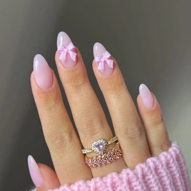 24-Piece Sweet Cat Eye French Press-On Nails with 3D Bow Knot Design