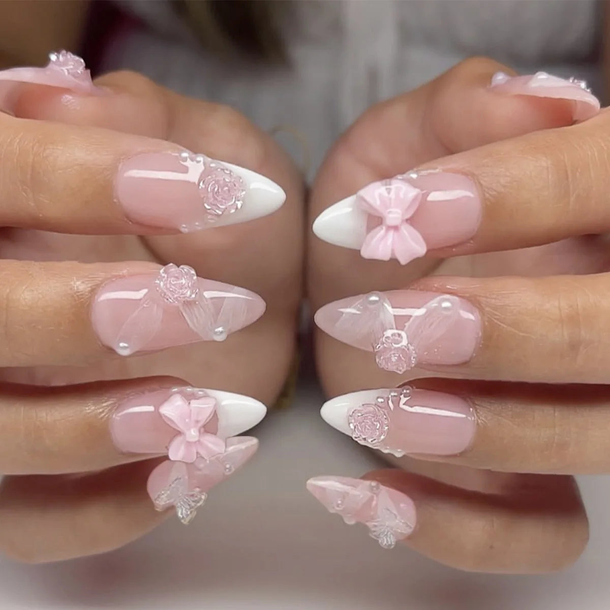 24-Piece Sweet Cat Eye French Press-On Nails with 3D Bow Knot Design
