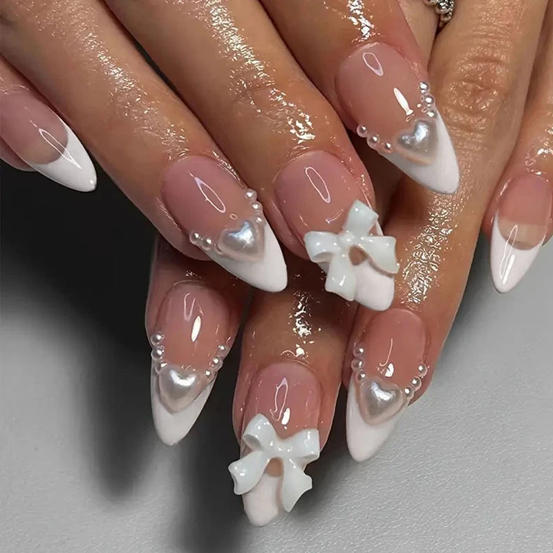 24-Piece Sweet Cat Eye French Press-On Nails with 3D Bow Knot Design