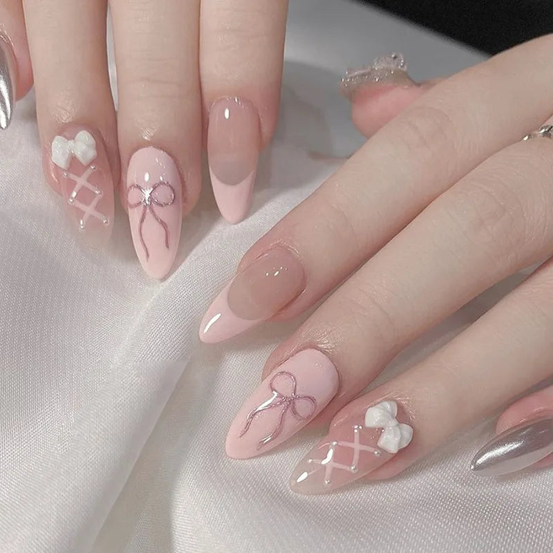 24-Piece Sweet Cat Eye French Press-On Nails with 3D Bow Knot Design