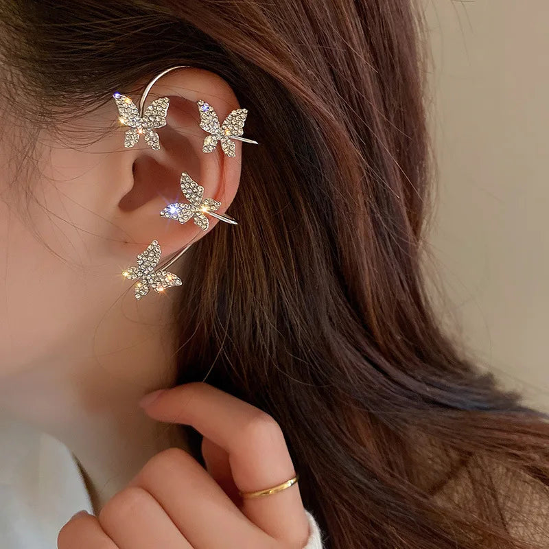 Luxury Star Butterfly Crystal Tassel Ear Clip Earrings - Sparkling Zircon Ear Cuffs, Elegant Fashion Jewelry Accessories for Women