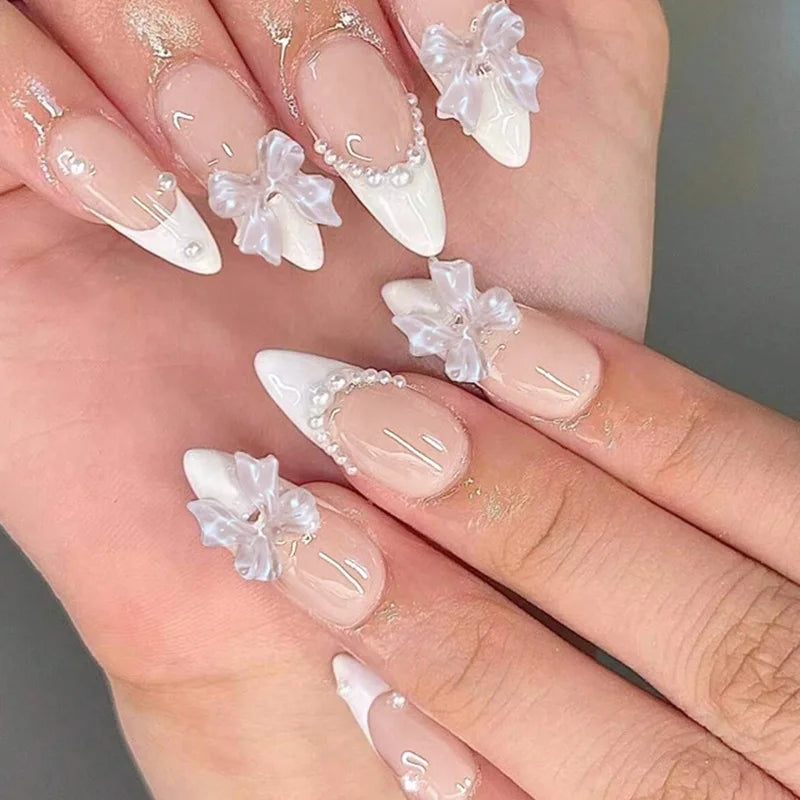 24-Piece Sweet Cat Eye French Press-On Nails with 3D Bow Knot Design