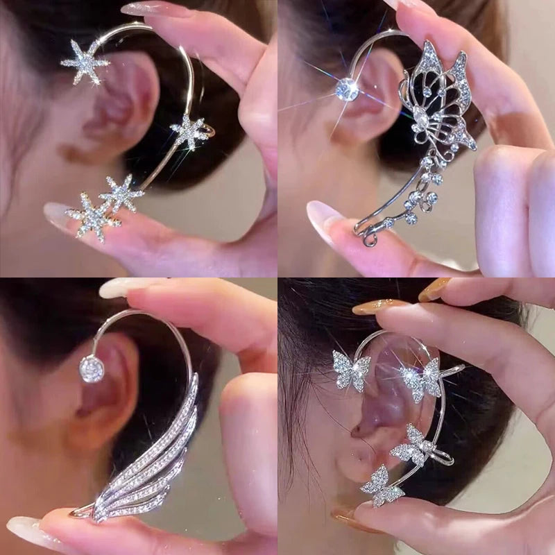 Luxury Star Butterfly Crystal Tassel Ear Clip Earrings - Sparkling Zircon Ear Cuffs, Elegant Fashion Jewelry Accessories for Women