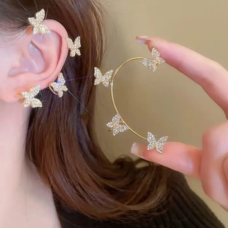 Luxury Star Butterfly Crystal Tassel Ear Clip Earrings - Sparkling Zircon Ear Cuffs, Elegant Fashion Jewelry Accessories for Women