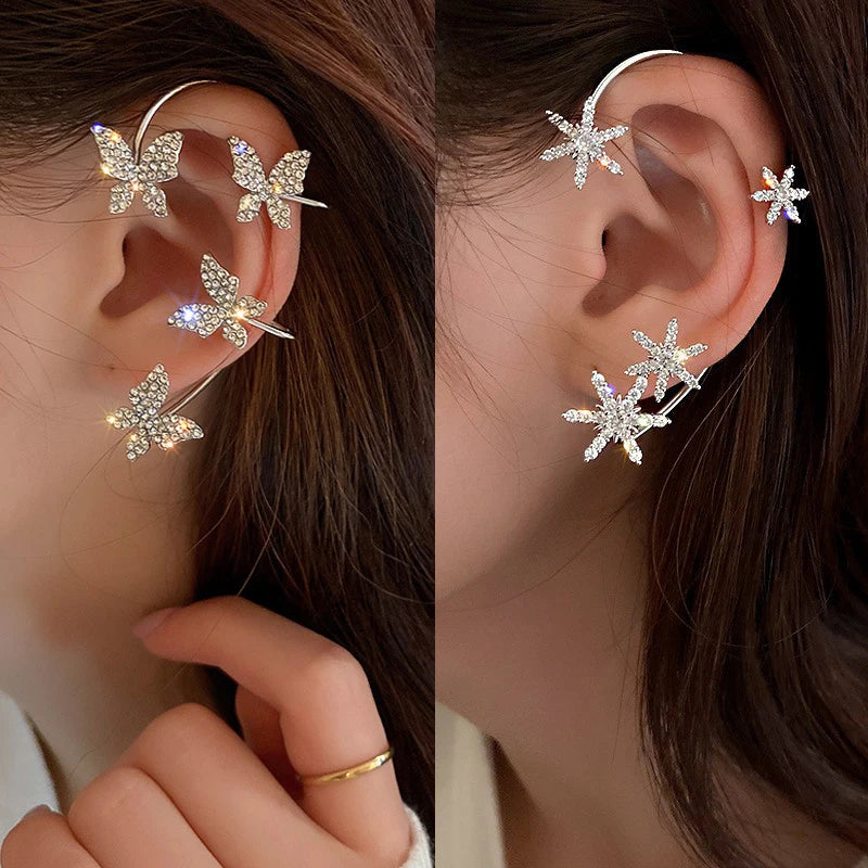 Luxury Star Butterfly Crystal Tassel Ear Clip Earrings - Sparkling Zircon Ear Cuffs, Elegant Fashion Jewelry Accessories for Women