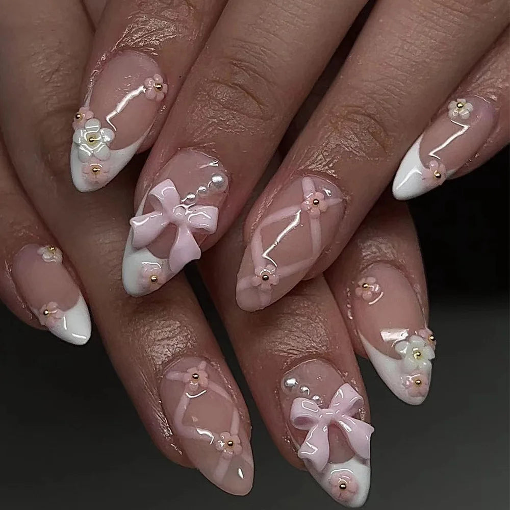 24-Piece Sweet Cat Eye French Press-On Nails with 3D Bow Knot Design