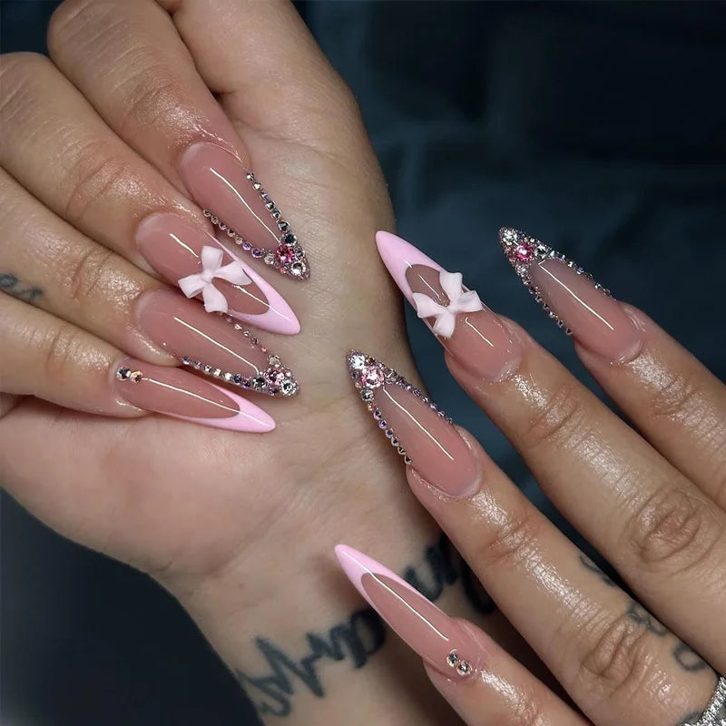 24-Piece Sweet Cat Eye French Press-On Nails with 3D Bow Knot Design